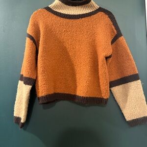 Wool Blend Cozy Colorblock Turtleneck Sweater - Orange and Brown